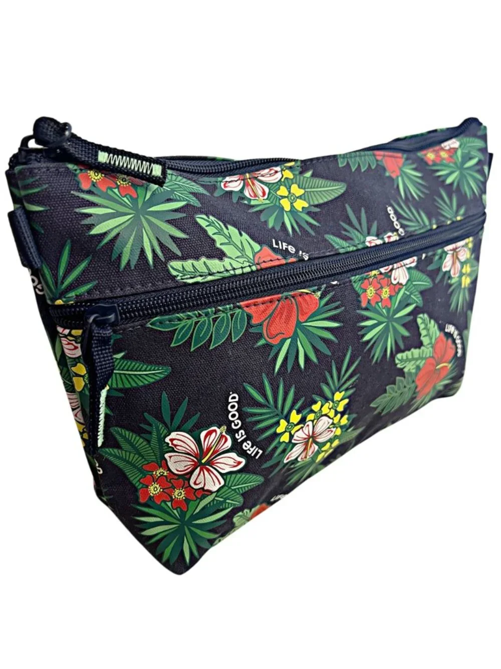 Life is Good Tropical Hibiscus Floral Zip Cosmetic Bag Make Up Travel Toiletry